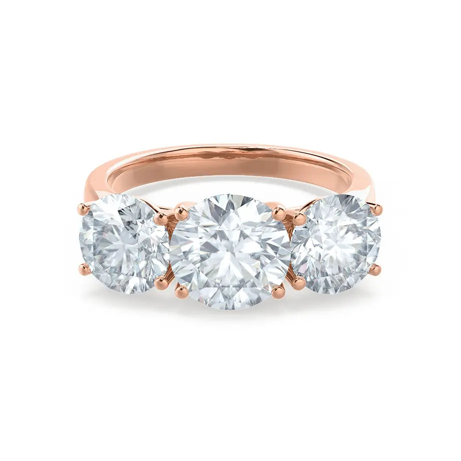 Round Brilliant Cut Rose Gold Trilogy Ring - cushionblue