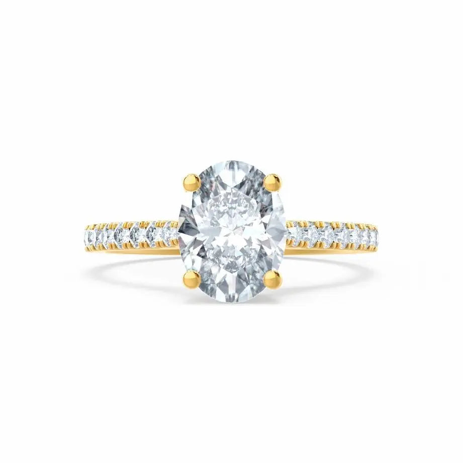 Oval cut Natural Diamond Yellow Gold Shoulder Set Ring - cushionblue