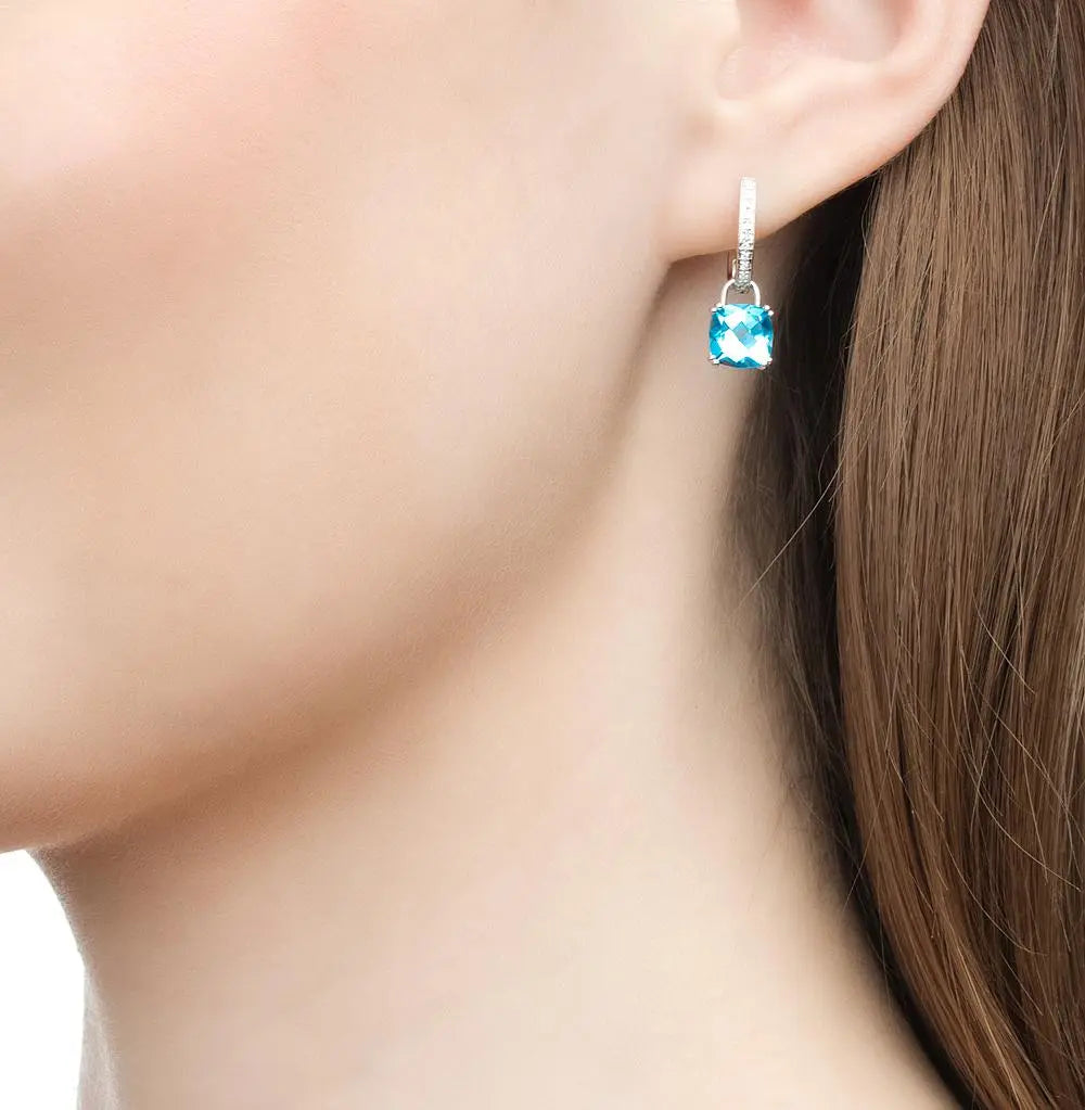 White Gold Latch back earrings with Cushion Blue Topaz and diamonds - cushionblue