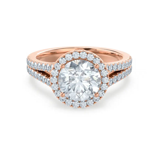 Round cut Natural Diamond Rose Gold Split Shank Halo Ring - cushionblue