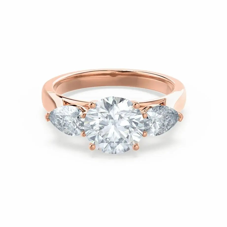 Round & Pear Cut Diamond Rose Gold Trilogy Ring - cushionblue