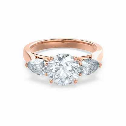 Round & Pear Cut Diamond Rose Gold Trilogy Ring - cushionblue