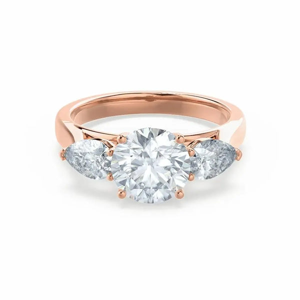 Round & Pear Cut Diamond Rose Gold Trilogy Ring - cushionblue