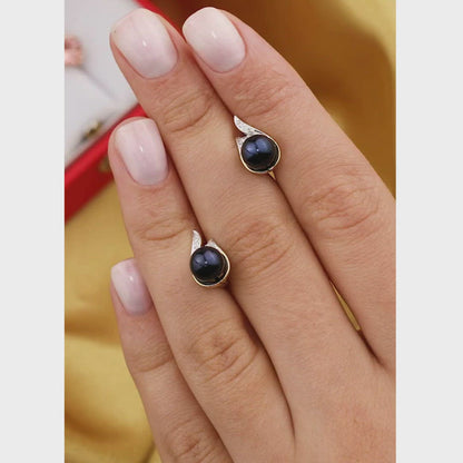 Yellow Gold Latch back earrings with Freshwater cultured black pearls and diamonds
