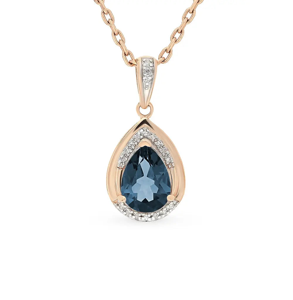 Rose Gold pendant necklace with blue topaz and diamonds - cushionblue