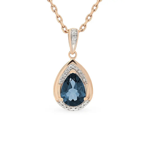 Rose Gold pendant necklace with blue topaz and diamonds - cushionblue