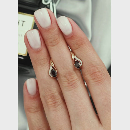 Rose Gold Latch back earrings with Pear cut Garnet and diamonds