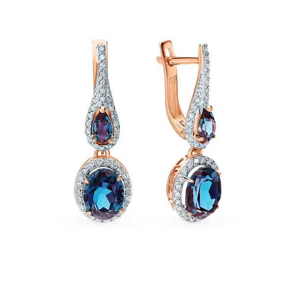 Rose Gold Latch back earrings with Oval cut Alexandrite and diamonds - cushionblue