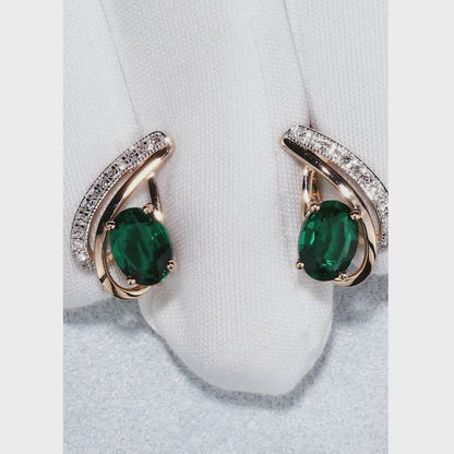 Rose Gold Latch back earrings with Oval cut emeralds and diamonds