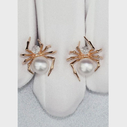 Rose Gold Studs with screws earrings with pearls and diamonds