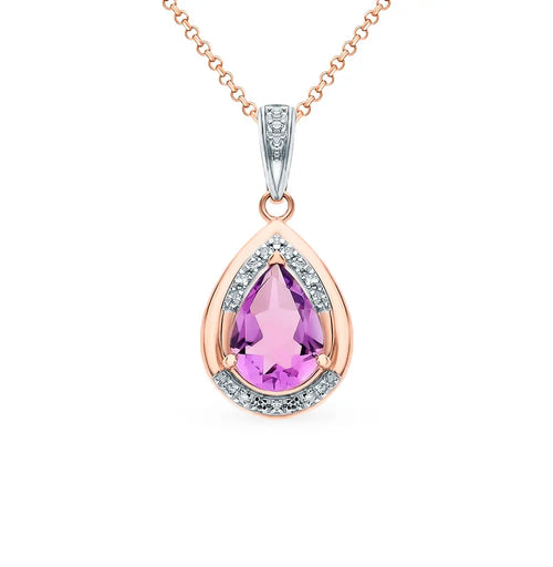 Rose Gold pendant necklace with amethyst and diamonds - cushionblue