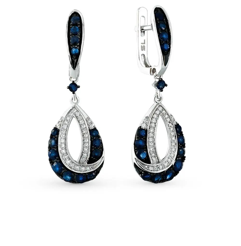 White Gold Latch back earrings with Blue Sapphires and diamonds - cushionblue