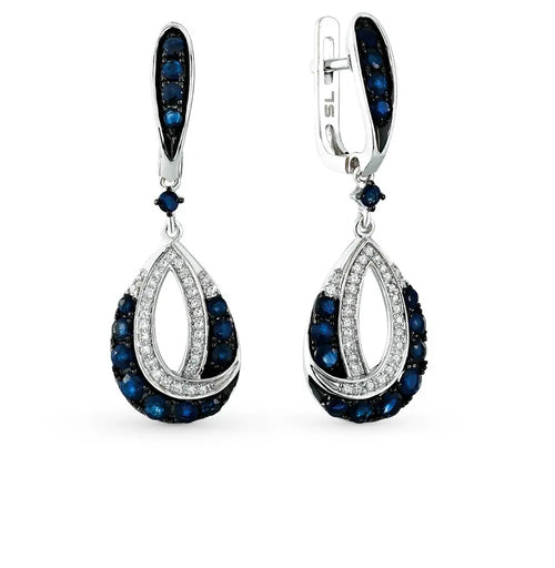 White Gold Latch back earrings with Blue Sapphires and diamonds - cushionblue