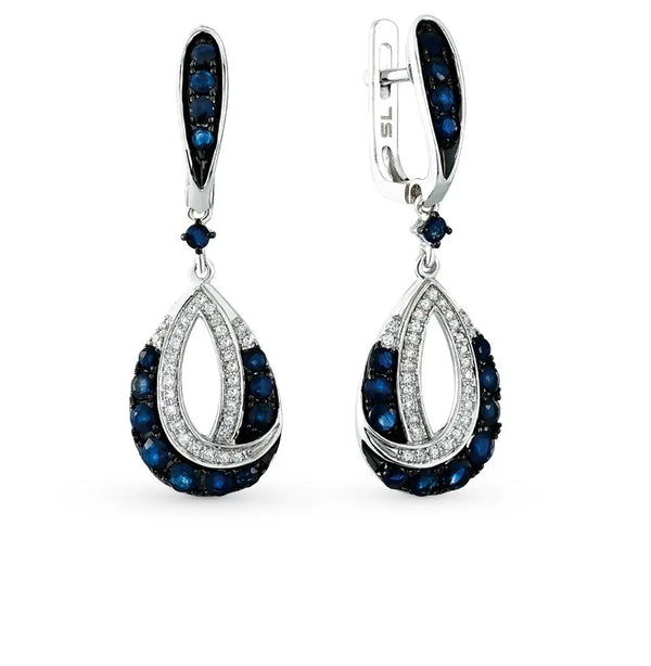 White Gold Latch back earrings with Blue Sapphires and diamonds - cushionblue