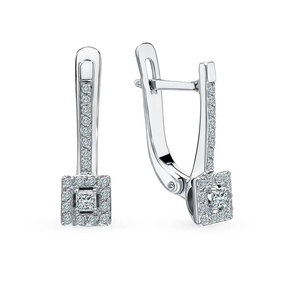 White Gold Latch back Unique earrings with diamonds (0.25 ct) - cushionblue