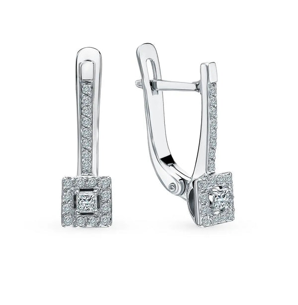 White Gold Latch back Unique earrings with diamonds (0.25 ct) - cushionblue