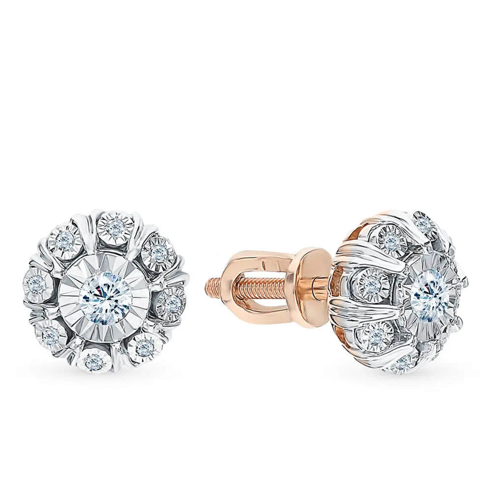 Rose Gold Studs with screws earrings with diamonds(0.14ct, 0.06ct) Cushionblue