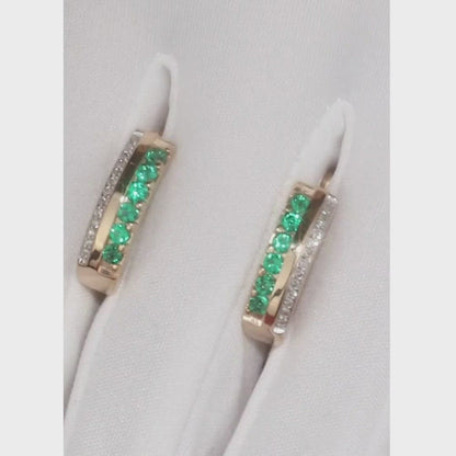 Rose Gold Latch back earrings with Hydrothermal emeralds and diamonds
