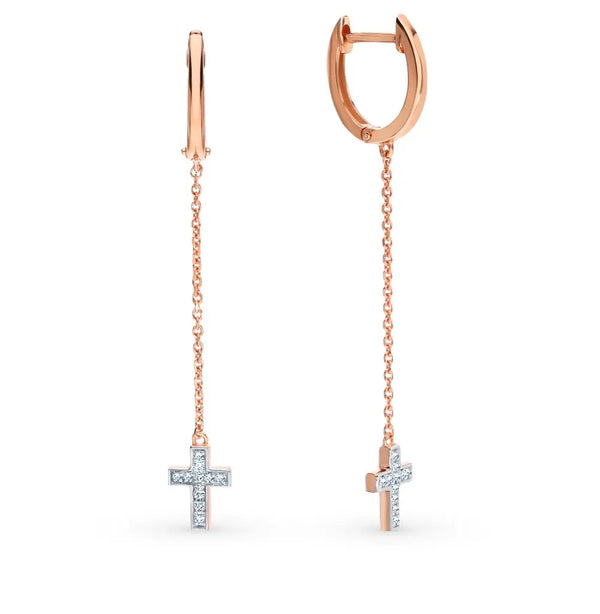 Rose Gold Latch back Cross earrings with diamonds(0.05 ct) - cushionblue