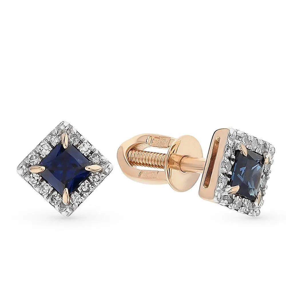 Rose Gold Studs with screws earrings with Dark blue sapphires and diamonds Cushionblue