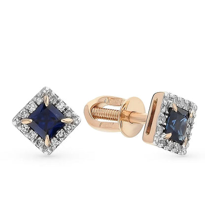 Rose Gold Studs with screws earrings with Dark blue sapphires and diamonds Cushionblue