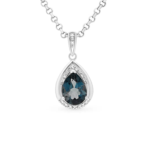 White Gold pendant necklace with blue topaz and diamonds - cushionblue