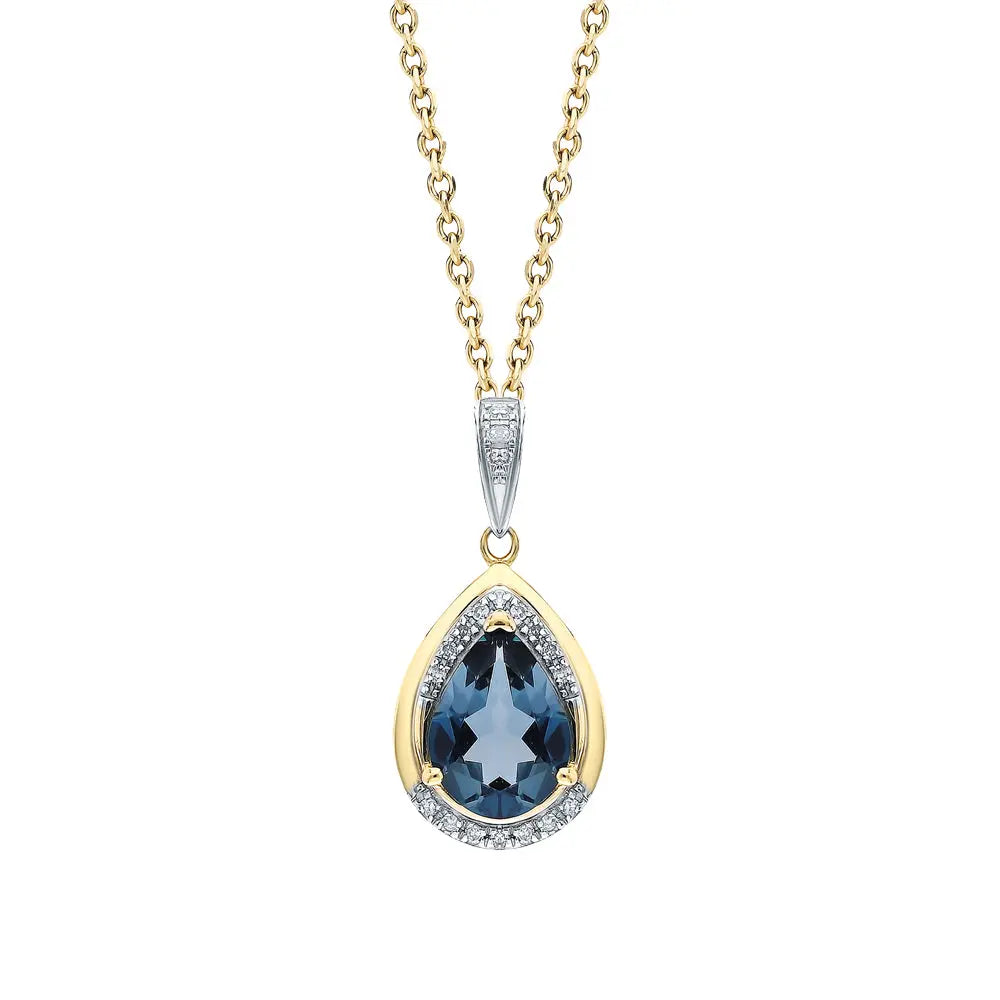Yellow Gold pendant necklace with blue topaz and diamonds - cushionblue