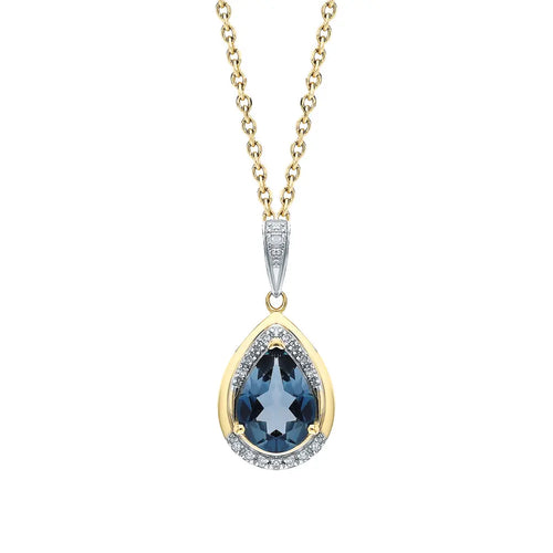 Yellow Gold pendant necklace with blue topaz and diamonds - cushionblue