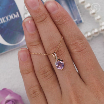 Rose Gold Cushion pendant necklace with amethyst and diamonds