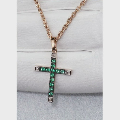 Yellow Gold Cross pendant necklace with emeralds and diamonds
