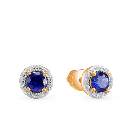 Rose Gold Studs with screws earrings with Round cut sapphires and diamonds Cushionblue