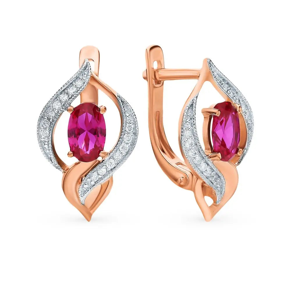 Rose Gold Latch back earrings with Oval cut Synthetic Rubies and diamonds - cushionblue