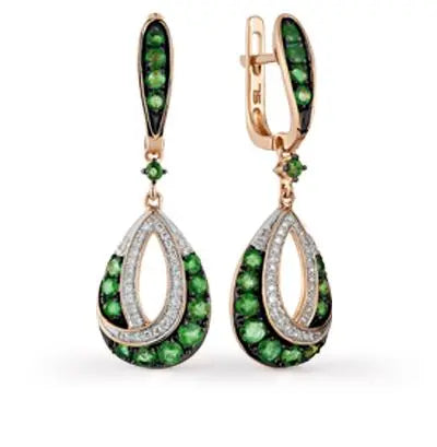 Rose Gold Latch back earrings with Green Emeralds and diamonds - cushionblue