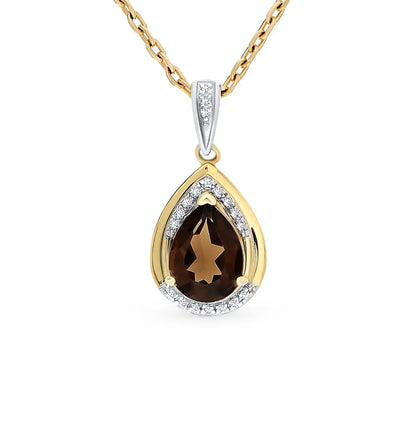 Yellow Gold pendant necklace with smoky quartz and diamonds - cushionblue